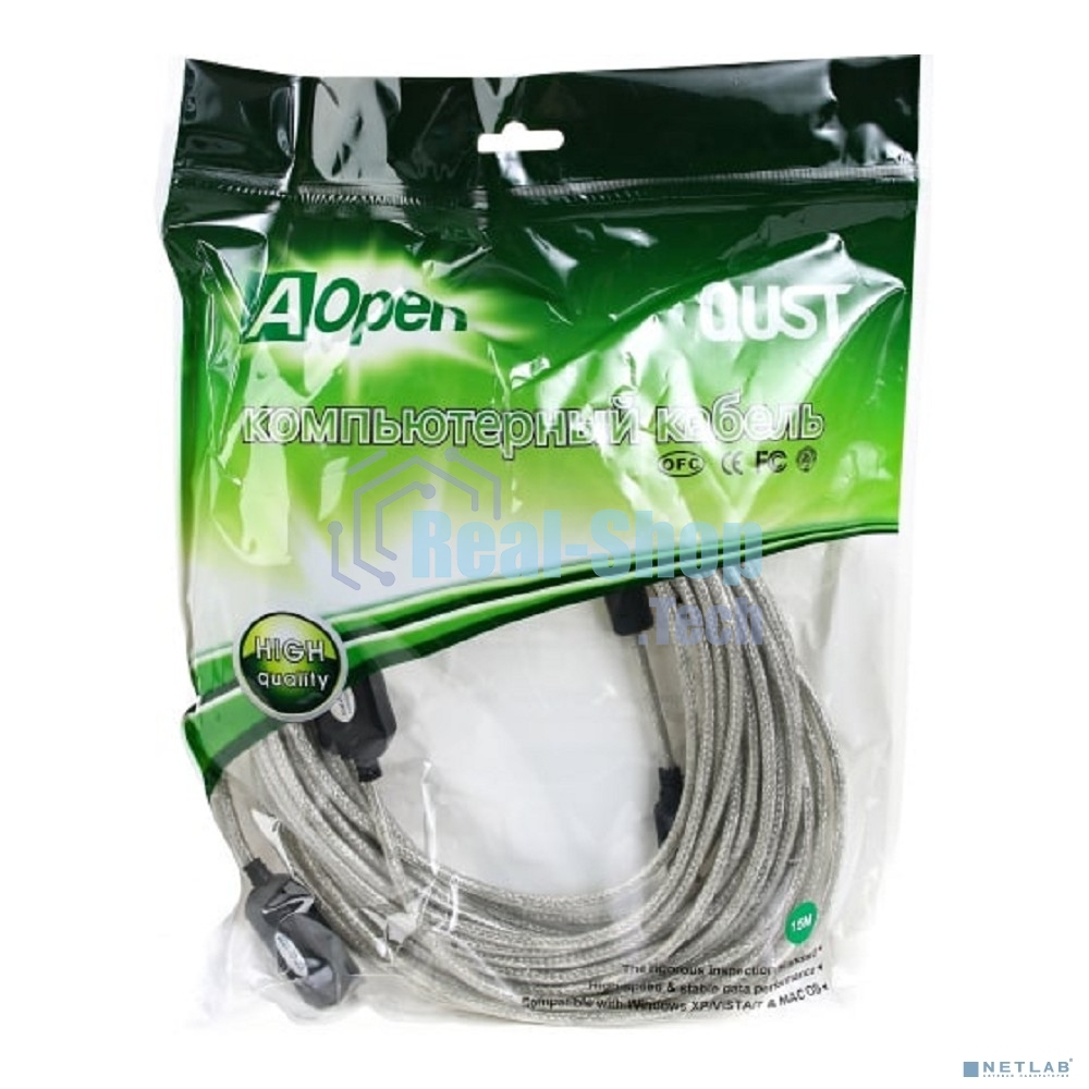 Кабель удлинитель Aopen активный ACU823-15M, USB2.0-repeater AM/AF 15м