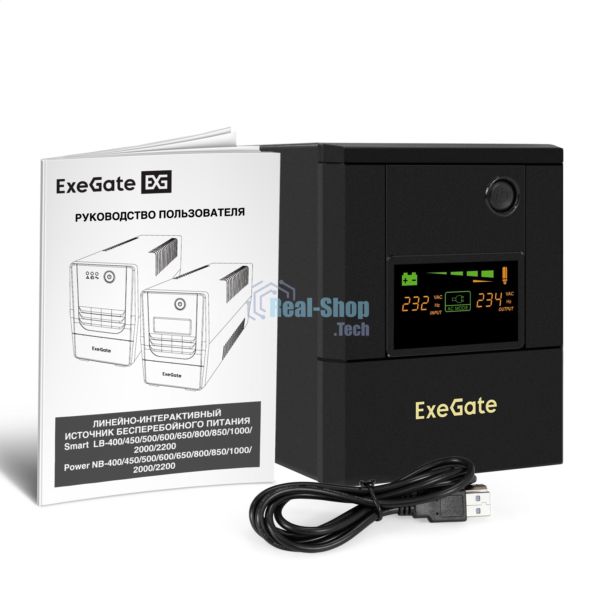 Источник бесперебойного питания ExeGate Smart LB-2200.LCD.AVR.8C13.USB (2200VA/1300W, цветной LCD, AVR, 8*C13, USB, батарея 12V 9Ah - 2 шт., металлический корпус, Black)