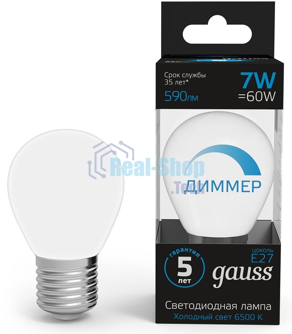 Лампа светодиодная Шар Gauss 7W 590lm 6500К E27 диммируемая LED