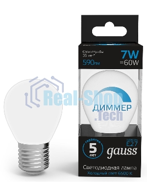 Лампа светодиодная Шар Gauss 7W 590lm 6500К E27 диммируемая LED