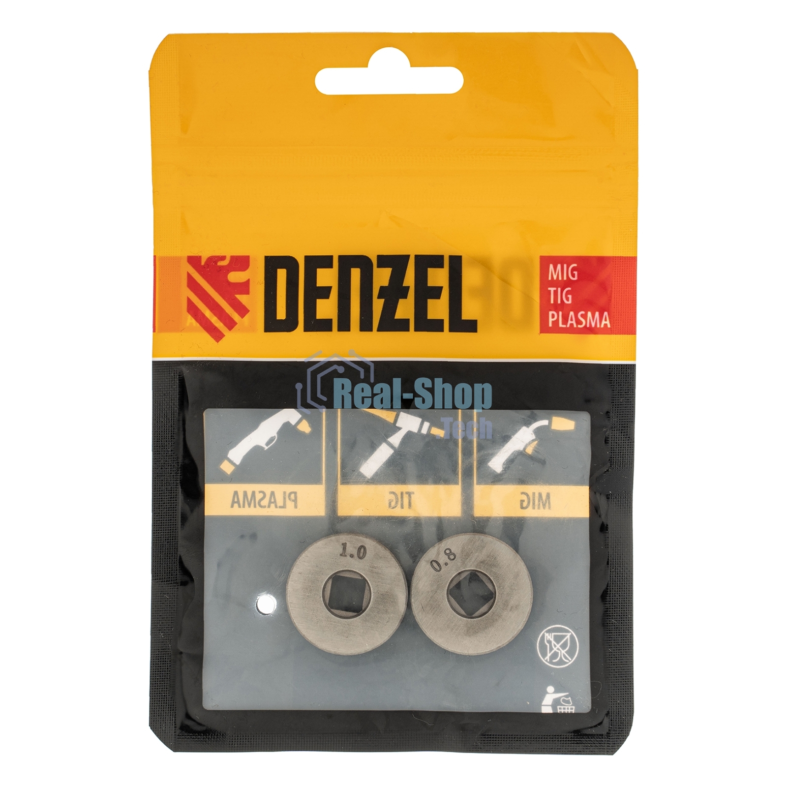 Подающий ролик Denzel V профиль под стальную проволоку 0,8-1 мм, посадка квадрат, 2 шт