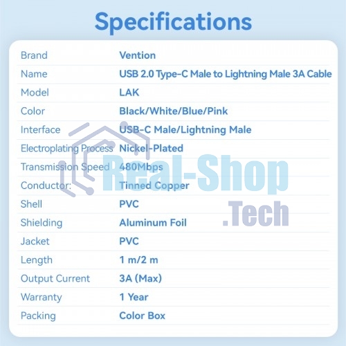 Кабель Vention USB 2.0 CM/Lightning 8M для iPad/iPhone 3A - 1м. Голубой