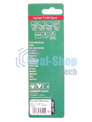 Пилка для лобзика Haммerflex 204-107 JG WD-PL T119B (2pcs) мягк.др\пл, 67мм, шаг 1.9-2.3, HCS, 2шт