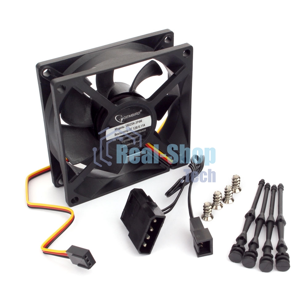 Вентилятор для корпуса Gembird 80x80x25, гидрод., тихий, 3 pin/4pin Molex, провод 30 см