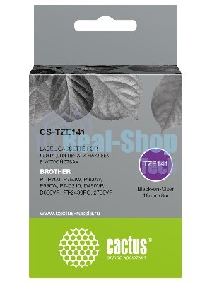 Картридж ленточный Cactus CS-TZE141 TZe-141 черный на прозрачном 18x8 для Brother PT-P700, P750W, P900W, P950W, PT-D210, D450VP, D600VP, PT-2430PC, 2700VP