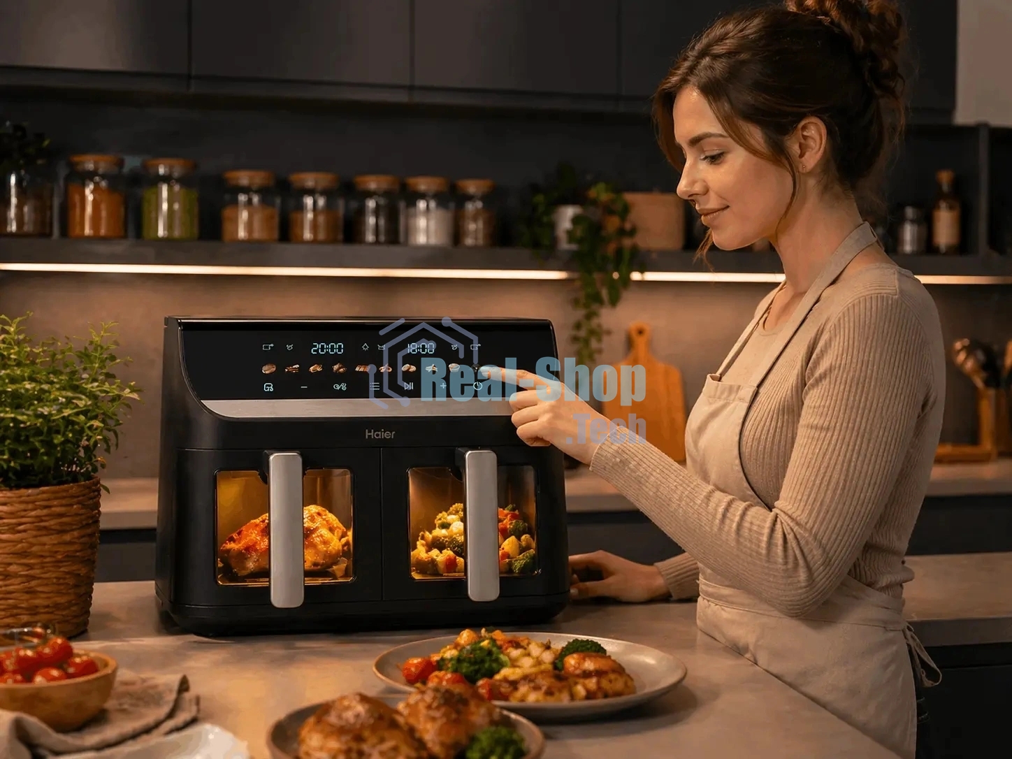 Аэрогриль Haier HAF-702 черный, 3000 Вт, 11 л ( 5.5 л каждая), сенсор, 10 программ