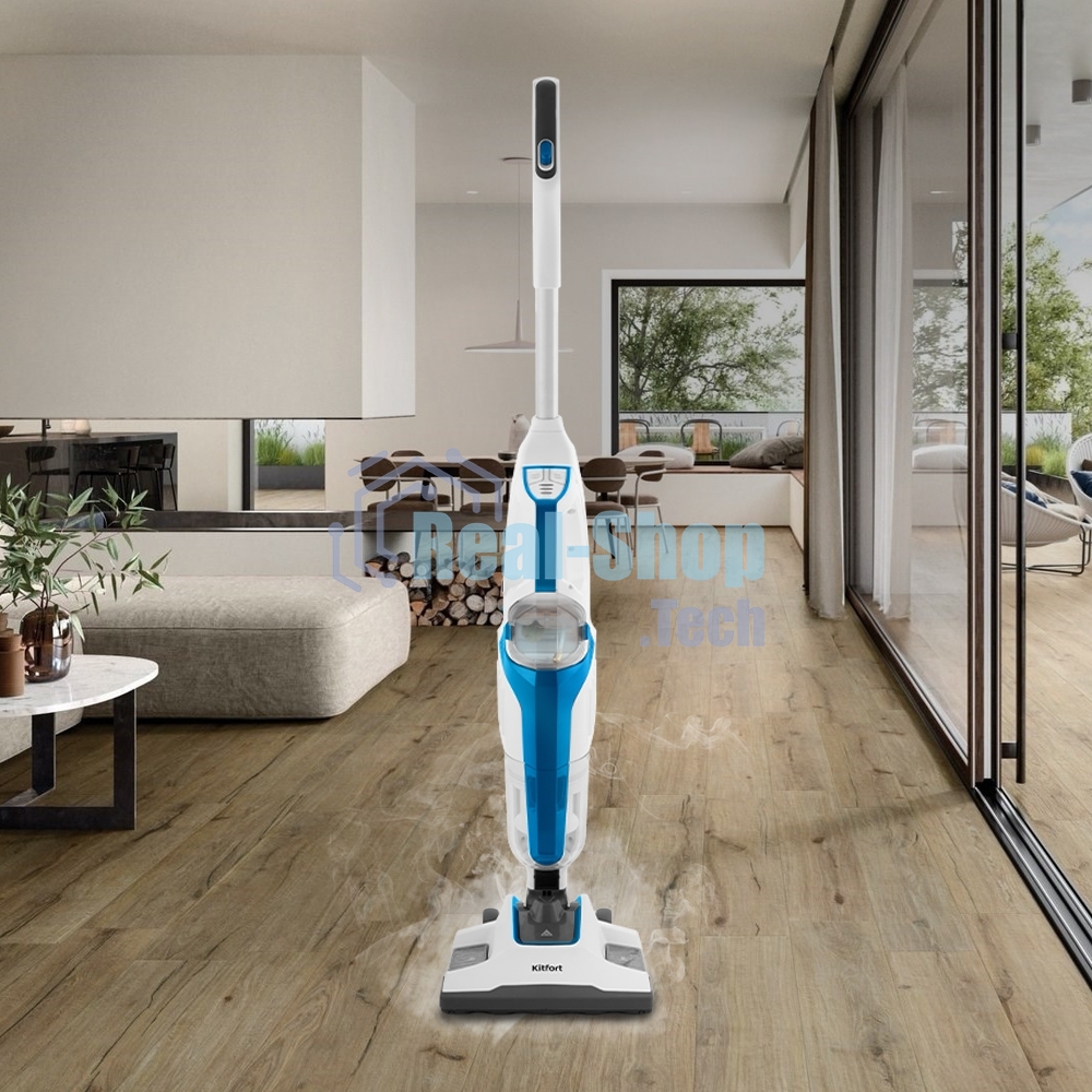Пылесос вертикальный паровой Kitfort KT-556 белый, питание от сети, 1700 Вт, уборка сухая/паром, пылесборник 0.4 л