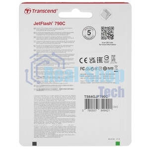 Флешка USB Transcend JetFlash 790С (TS64GJF790C), 64Gb, USB 3.0 Type-C, R/W 90/60, черный/зеленый