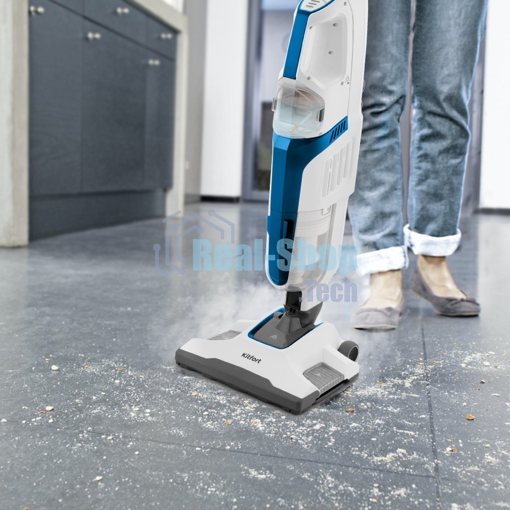 Пылесос вертикальный паровой Kitfort KT-556 белый, питание от сети, 1700 Вт, уборка сухая/паром, пылесборник 0.4 л