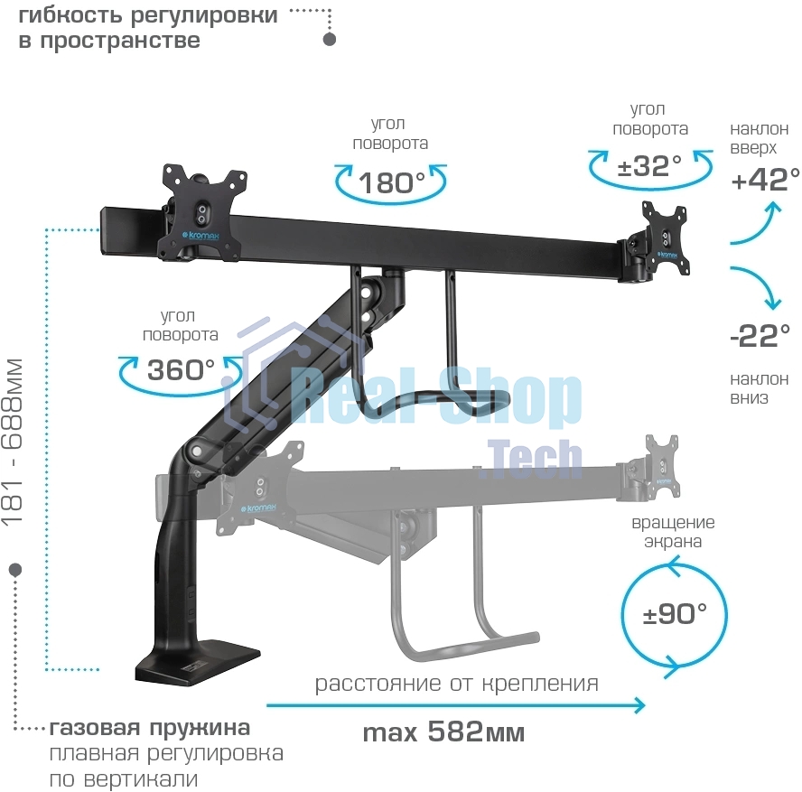Кронштейн Kromax OFFICE-20 черный, 1 шт/уп. Кр. алюм. настол. для мон. 17
