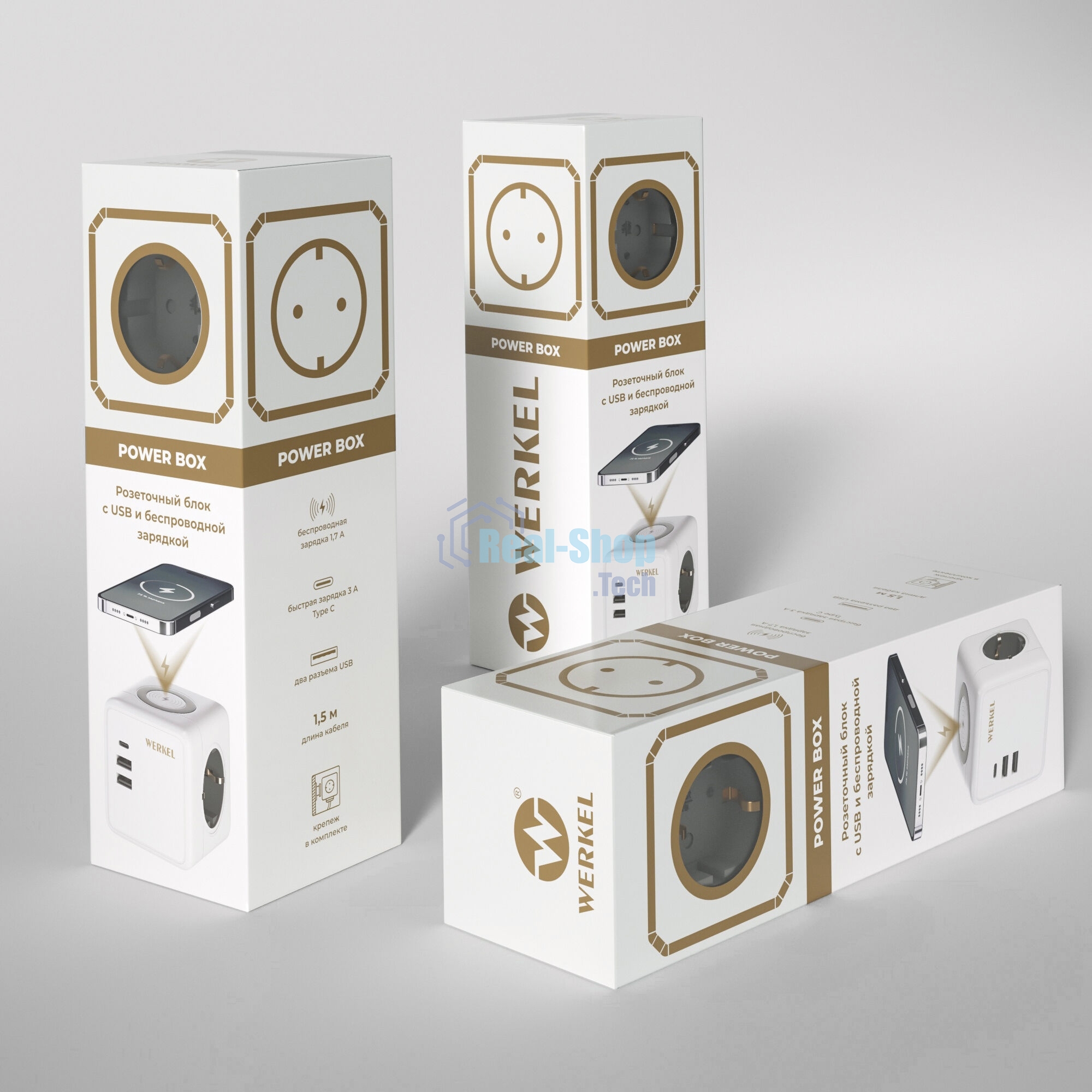 Розеточный блок 3-местный + 3 USB + беспроводная зарядка
