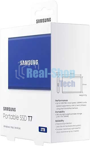 Внешний SSD Samsung T7, 2TB, USB 3.2 Gen 2 Type-C, R/W 1050/1000, синий