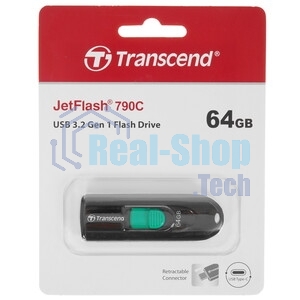 Флешка USB Transcend JetFlash 790С (TS64GJF790C), 64Gb, USB 3.0 Type-C, R/W 90/60, черный/зеленый