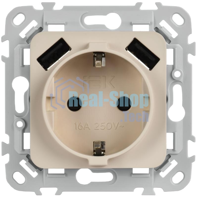 FLITE Розетка с заземлением со шторками 16А с USB A+A 3,1А быстрозажимные клеммы РСЮша11-1-ФлЛ льняной | FI-R14-16-1-U21-D31-K88 | IEK