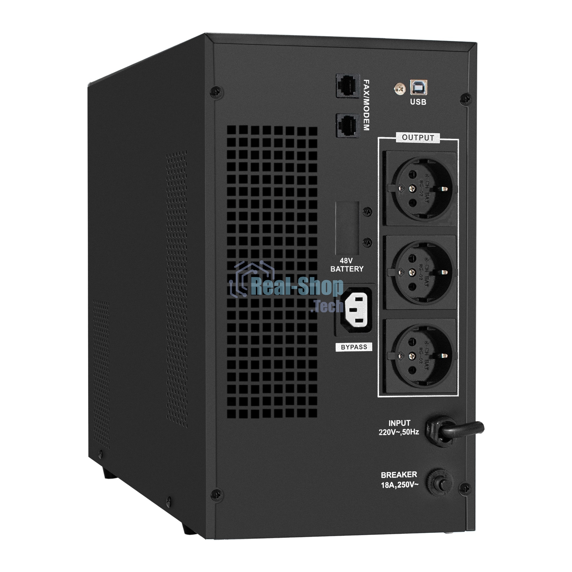 Источник бесперебойного питания (инвертор, синус, для котла) ExeGate SineTower SN-3000.LCD.AVR.3SH.1C13.RJ.USB 3000VA/2400W, чистая синусоида, LCD дисплей, AVR, 3*Schuko+1*C13, RJ45/11, USB, линейно-интерактивный, черный