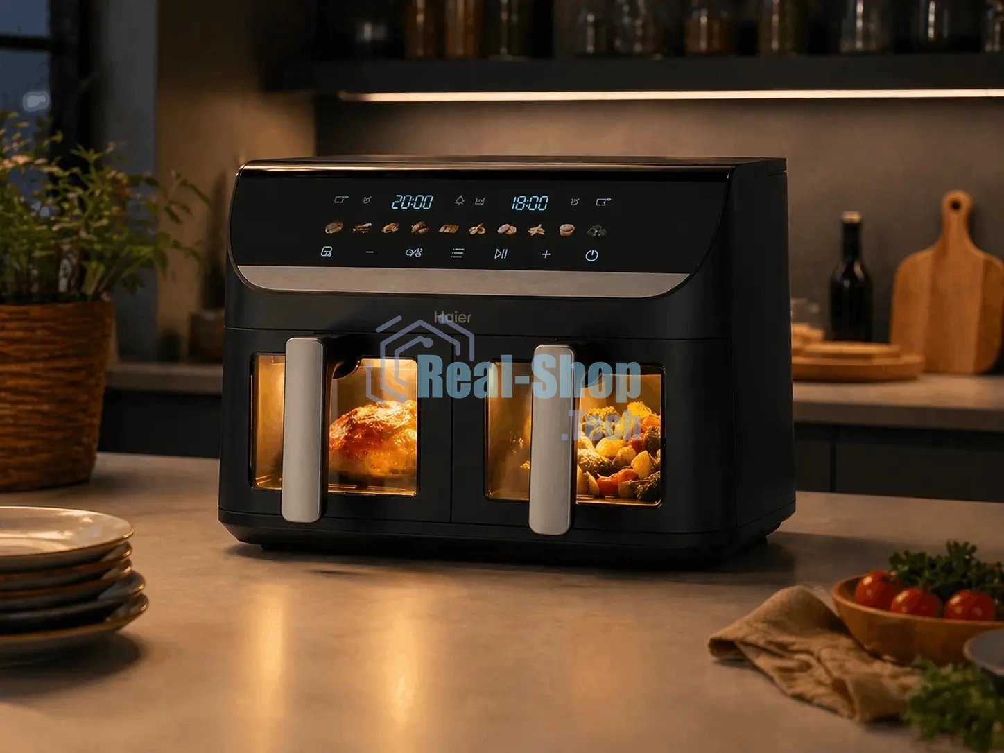 Аэрогриль Haier HAF-702 черный, 3000 Вт, 11 л ( 5.5 л каждая), сенсор, 10 программ