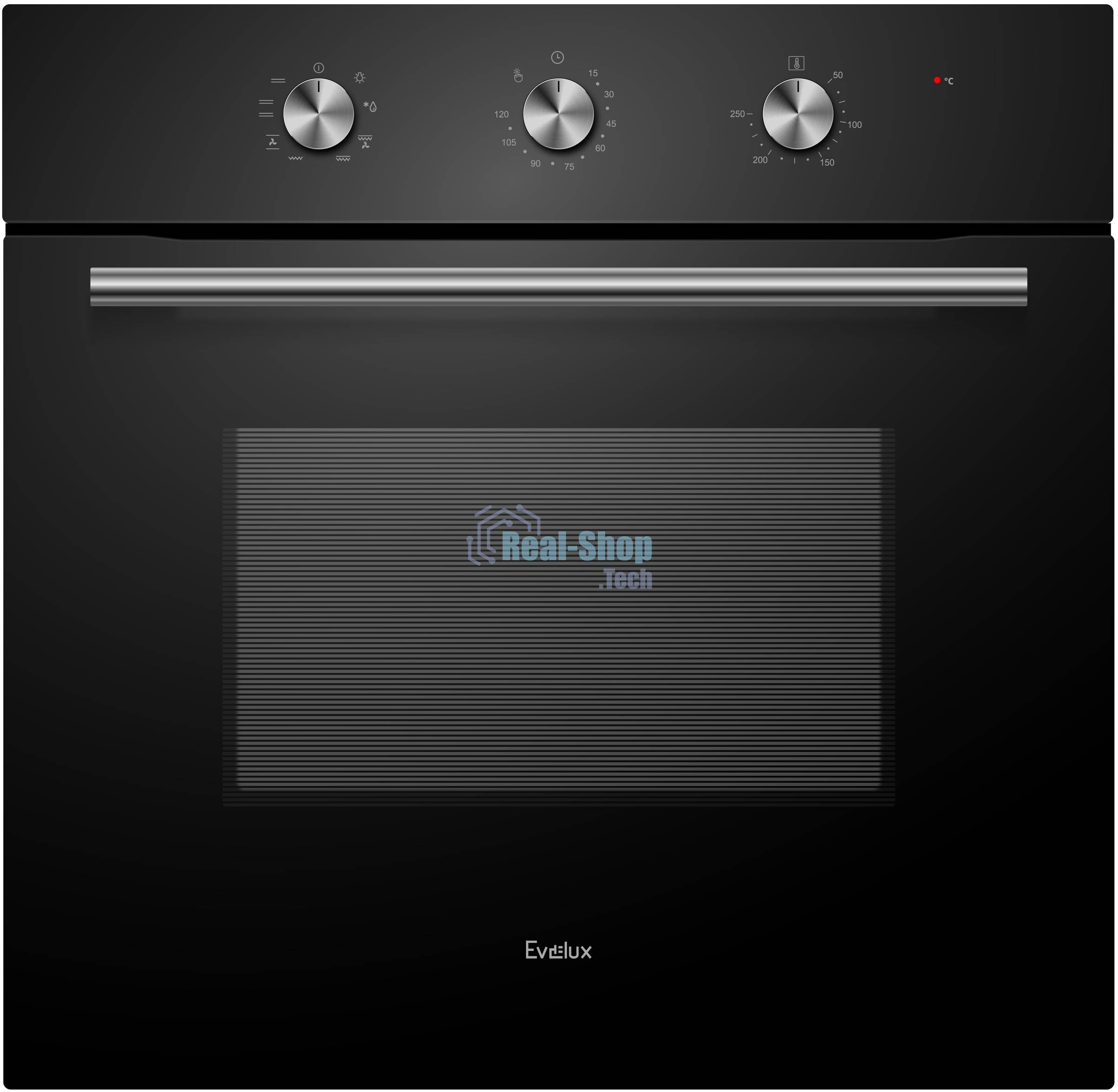 Духовой шкаф встраиваемый полноразмерный Evelux EO 620 B, 60 см, 8 режимов, 65л, черное стекло