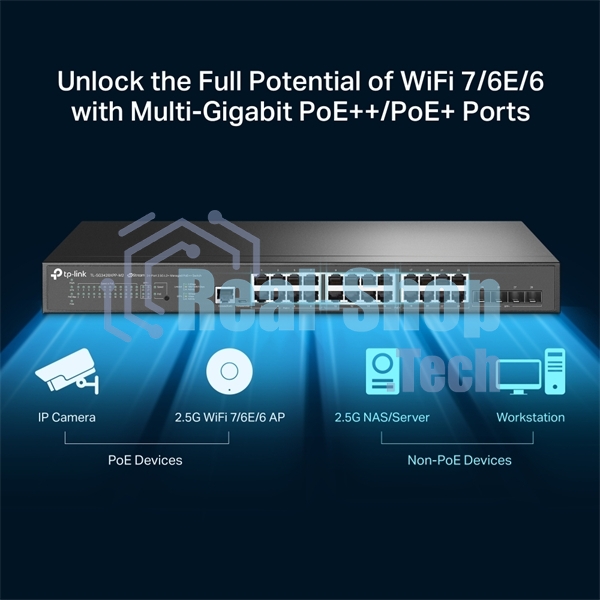 Коммутатор управляемый TP-Link TL-SG3428XPP-M2 JetStream уровня 2+ с 24 портами 2,5 Gbит/с (8 портов PoE++, 16 портов PoE+) и 4 портами SFP+ 10 Gbит/с