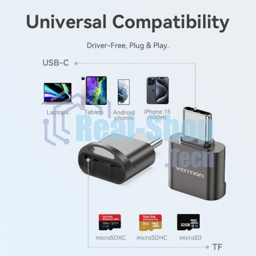 Кард-ридер Vention OTG USB 2.0 CM/MicroSD - Серый