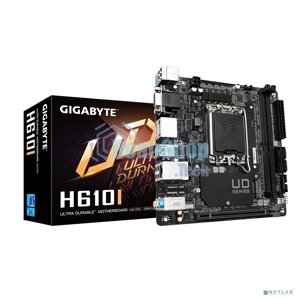 Материнская плата Gigabyte H610I, LGA 1700, Intel H610, 2xDDR5, 4xSATA, 1xM.2, 1xPCIe 4.0 x16, 1xHDMI, 1xVGA, 2xDP, 1x 1Gb LAN, 2xUSB-A 3.2 Gen 1, 4xUSB-A 2.0, 3x 3.5 мм, 7.1, Mini-ITX