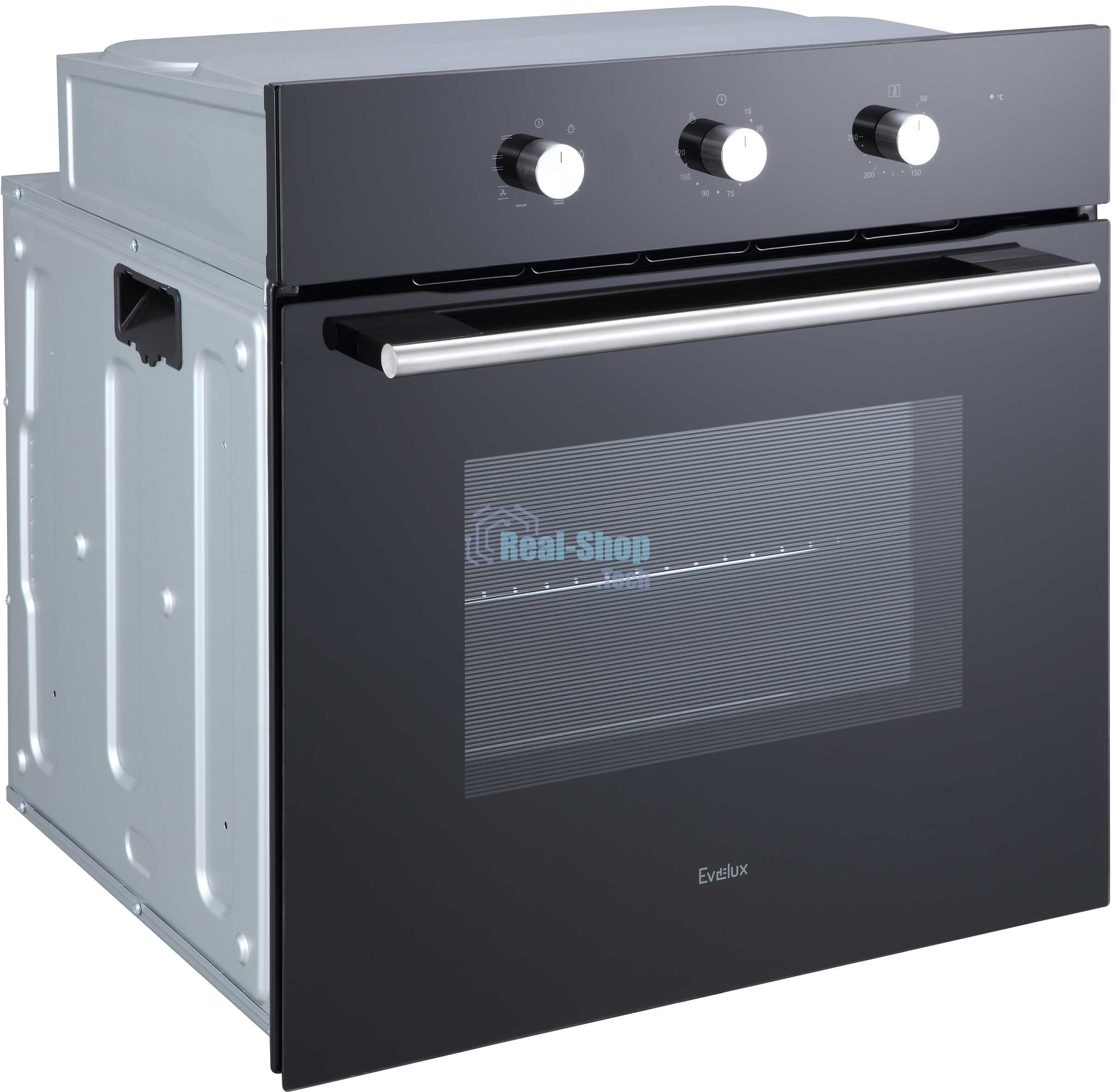 Духовой шкаф встраиваемый полноразмерный Evelux EO 620 B, 60 см, 8 режимов, 65л, черное стекло