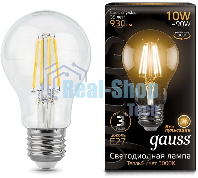 Лампа светодиодная Gauss Filament A60 E27 10Вт 2700К