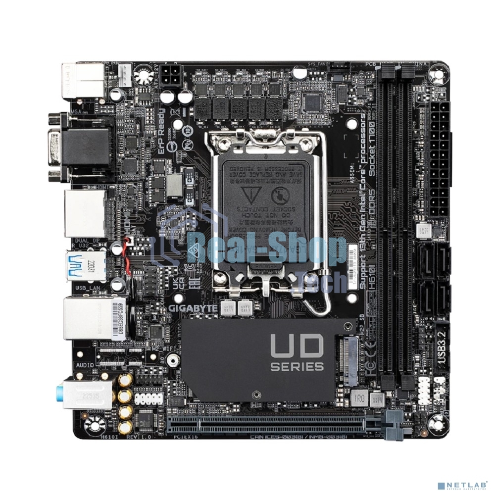 Материнская плата Gigabyte H610I, LGA 1700, Intel H610, 2xDDR5, 4xSATA, 1xM.2, 1xPCIe 4.0 x16, 1xHDMI, 1xVGA, 2xDP, 1x 1Gb LAN, 2xUSB-A 3.2 Gen 1, 4xUSB-A 2.0, 3x 3.5 мм, 7.1, Mini-ITX