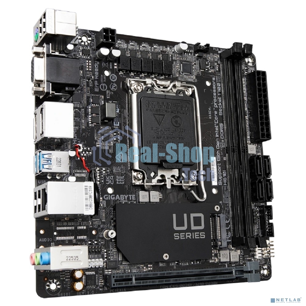 Материнская плата Gigabyte H610I, LGA 1700, Intel H610, 2xDDR5, 4xSATA, 1xM.2, 1xPCIe 4.0 x16, 1xHDMI, 1xVGA, 2xDP, 1x 1Gb LAN, 2xUSB-A 3.2 Gen 1, 4xUSB-A 2.0, 3x 3.5 мм, 7.1, Mini-ITX