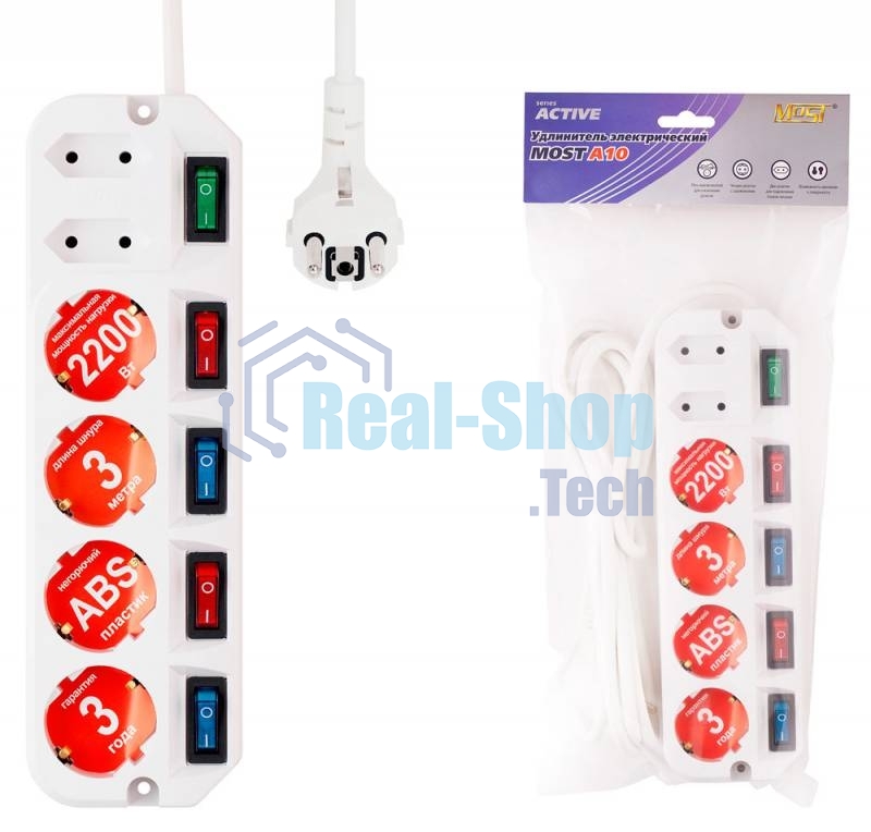 Сетевой удлинитель Most A10 1.6м (6 розеток) белый (пакет ПЭ)