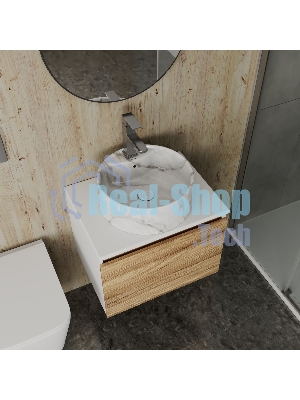 Комплект: тумба Bau Dream Blackwood 60, 1 ящик, Раковина круглая накладная BAU Element D41, мрамор, смеситель Hotel Stil, нерж сталь, выпуск клик клак белый