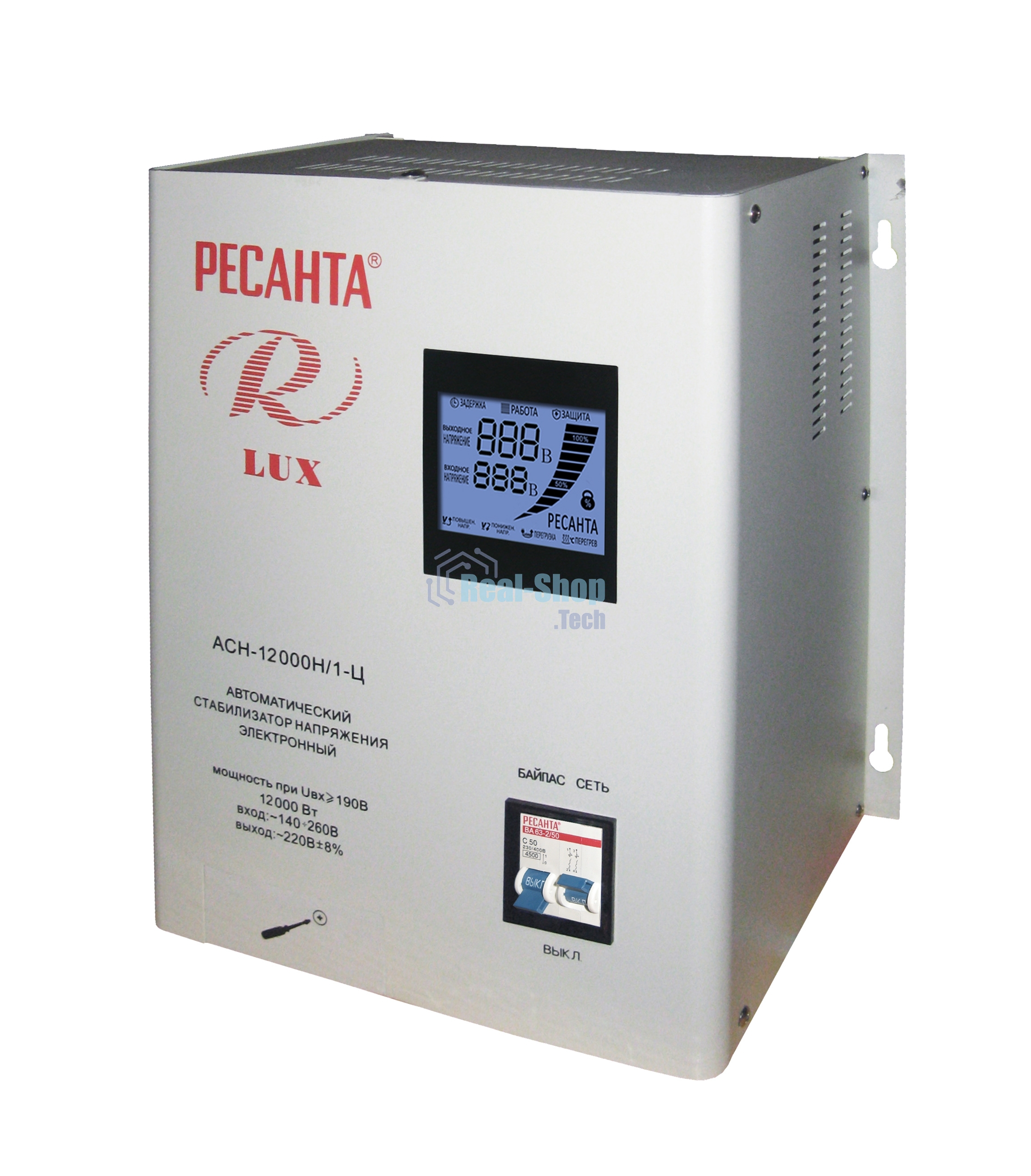 Стабилизаторы напряжения Ресанта АСН-12 000/Н1-Ц 63/6/22 Стабилизатор Lux 220В±8%, Габ. 305х190х360, Вес 19,5кг
