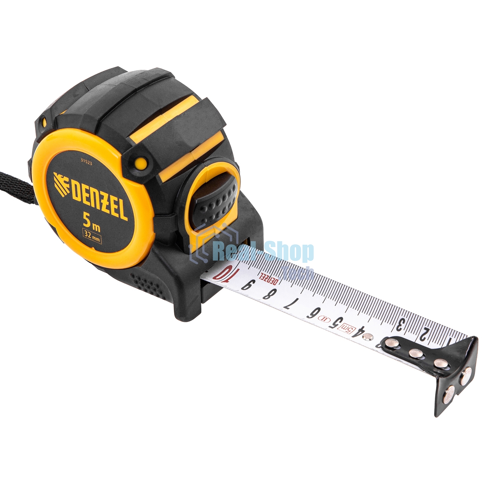 Рулетка Denzel 5 м х 32 мм, автоматич. фиксац., нейлон. покрытие, магнит. зацеп, двухстор. разметка
