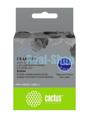 Картридж ленточный Cactus CS-LK4YBP черный шрифт, желтый фон (12 мм, 9 м) для Epson LW300/LW400/LW700/LW600P/LW1000P/K400/Z700/Z900