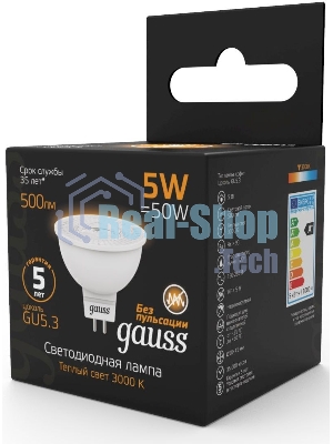 Лампа светодиодная Gauss Black 5Вт цок.: GU5.3 рефлектор 220B 3000K св. свеч. бел. теп. MR16 (упак.: 10 шт) (101505105)