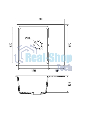 Мойка GRANFEST URBAN 658L 1-чаша+крыло 580x490мм, монтаж: врезной, материал: кварц, песочный