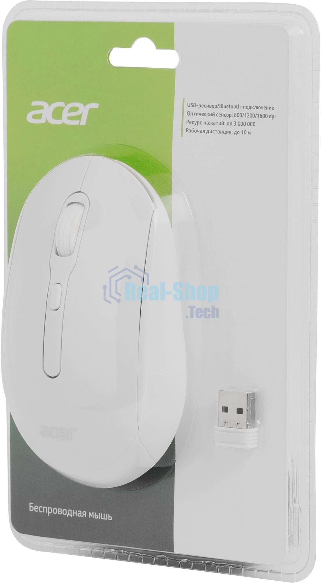 Мышь беспроводная Acer OMR308 белый, 1600 dpi, радиоканал, Bluetooth, USB, кнопки - 4