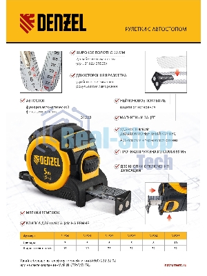 Рулетка Denzel 5 м х 32 мм, автоматич. фиксац., нейлон. покрытие, магнит. зацеп, двухстор. разметка