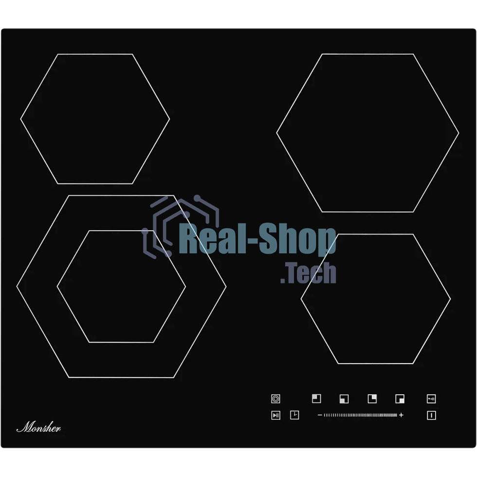 Встраиваемые электрические панели Monsher MHE 6012 Независимая стеклокерамическая варочная поверхность,Ширина 60 см, 4 зоны ускоренного нагрева,Электронное сенсорное управление,5 цифровых дисплеев, 9 уровней мощности, 1 двойная зона нагрева, таймер, индик