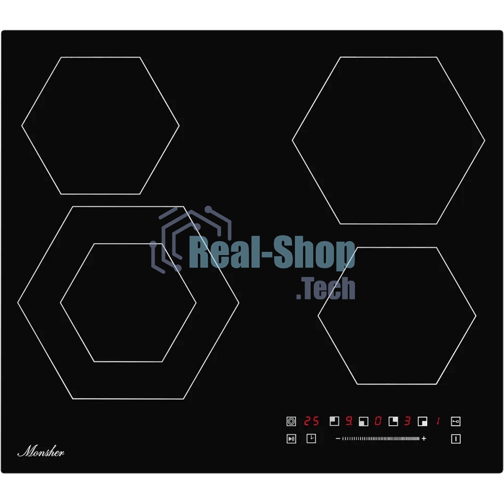 Встраиваемые электрические панели Monsher MHE 6012 Независимая стеклокерамическая варочная поверхность,Ширина 60 см, 4 зоны ускоренного нагрева,Электронное сенсорное управление,5 цифровых дисплеев, 9 уровней мощности, 1 двойная зона нагрева, таймер, индик