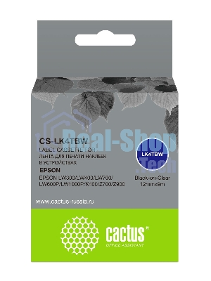 Картридж ленточный Cactus CS-LK4TbW черный шрифт, прозрачный фон (12 мм, 9 м) для Epson LW300/LW400/LW700/LW600P/LW1000P/K400/Z700/Z900