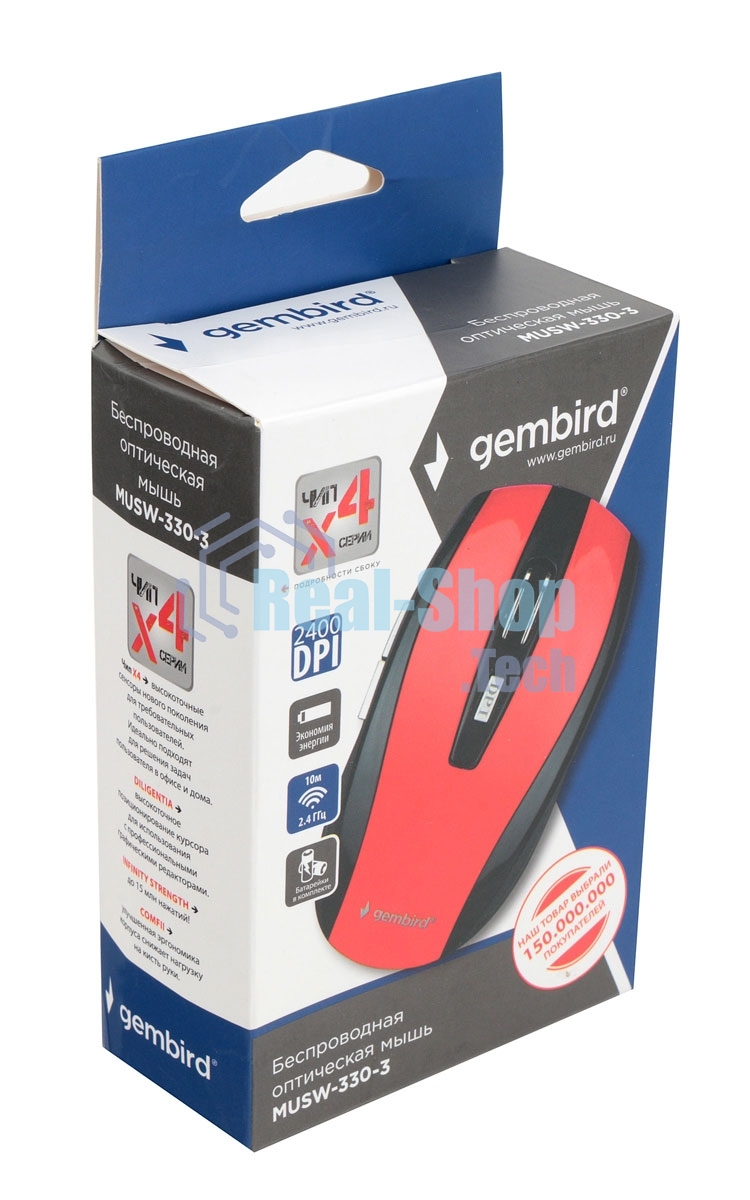 Мышь беспроводная Gembird MUSW-330-3 красный, 2400 dpi, радиоканал, USB, кнопки - 6