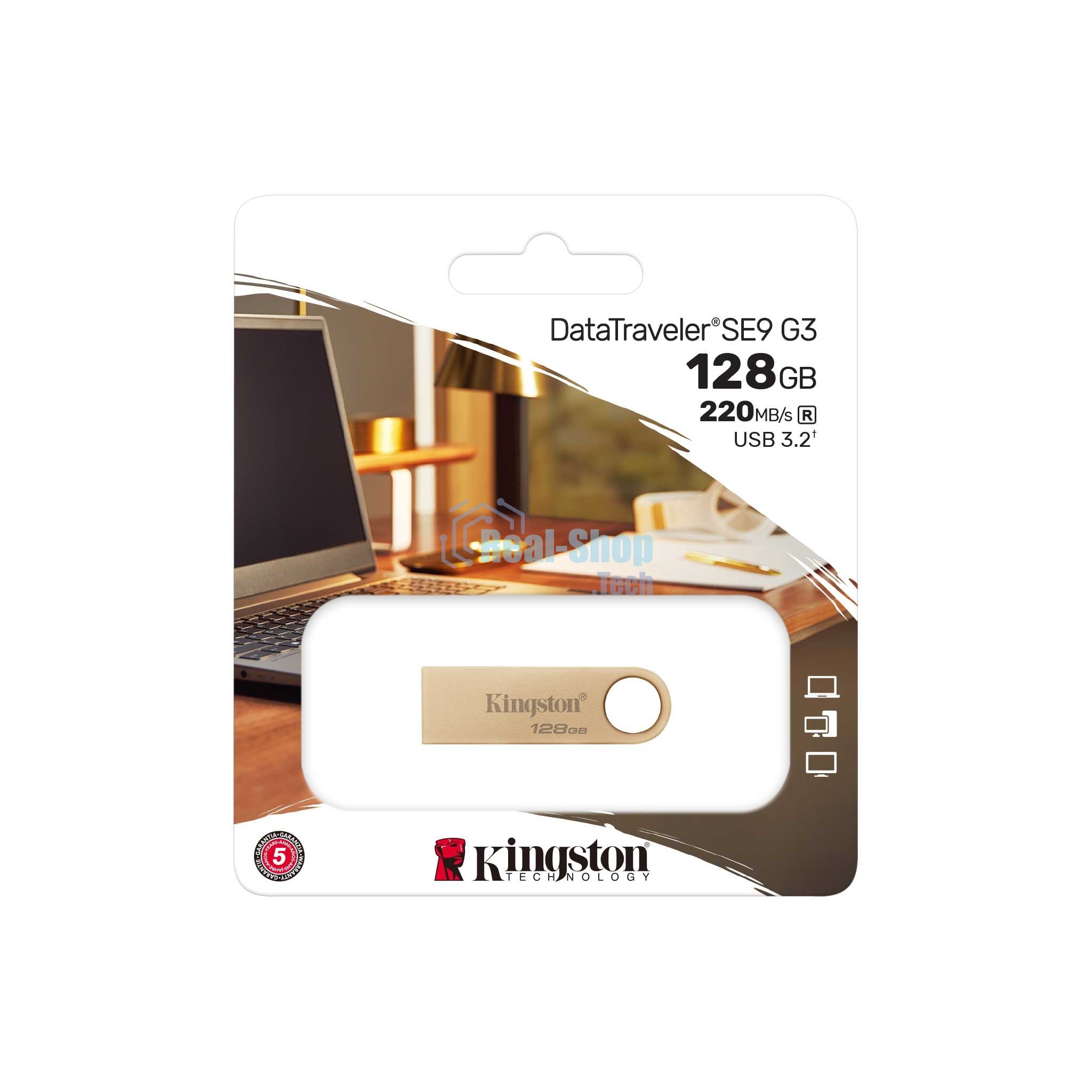 Флешка USB Kingston DataTraveler SE9 G3 (DTSE9G3/128 Gb), 128Gb, USB 3.2 Gen 1, R/W 220/100, золотистый