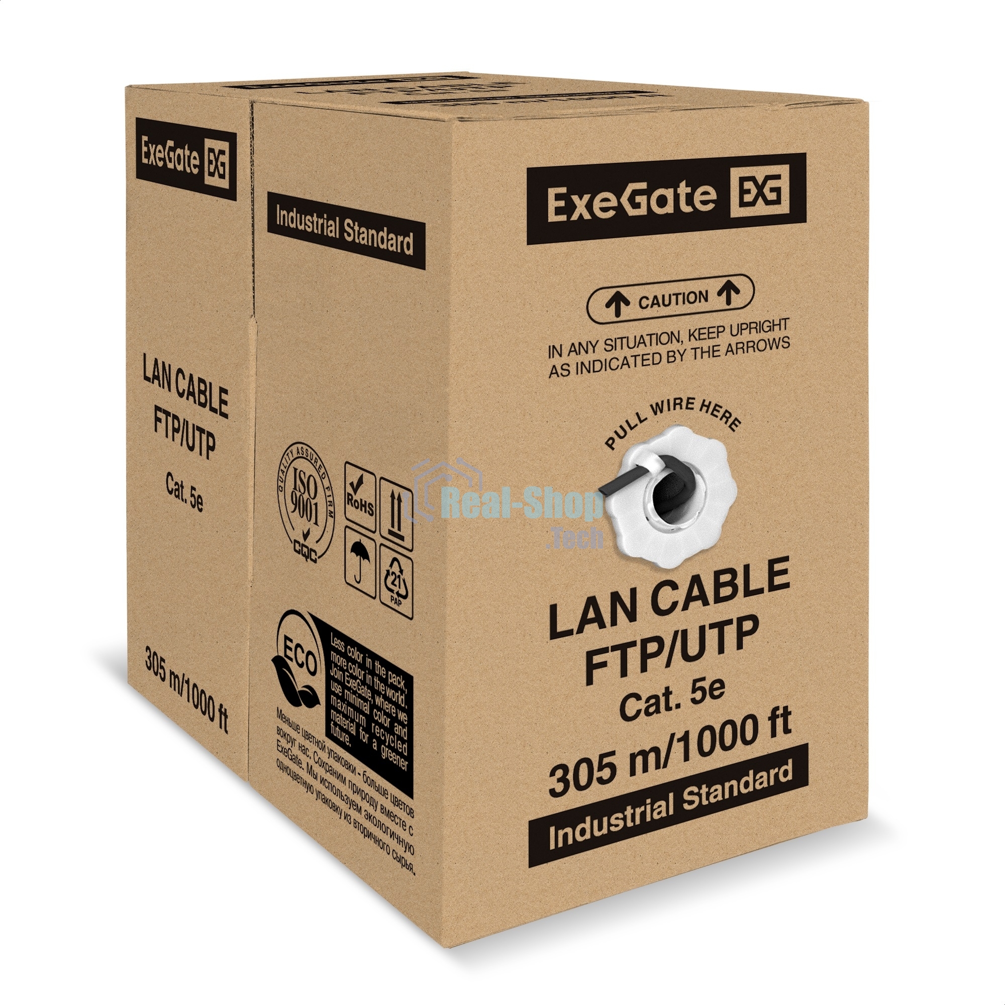 Кабель ExeGate FUTP4-C5e-CCA-S24-OUT-PE-BK-305 FTP 4 пары кат.5e CCA, 0.5мм (24AWG), экран, внешн., без троса, 305м, черн., PE