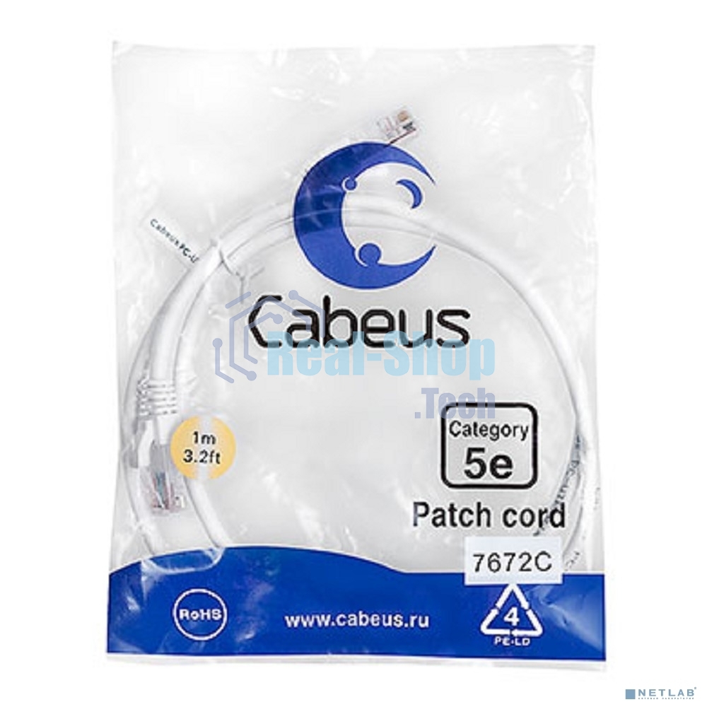 Шнур коммутационный Cabeus, Cat.5e, неэкр., U/UTP, RJ45/RJ45, PVC, AWG24, 1м, белый