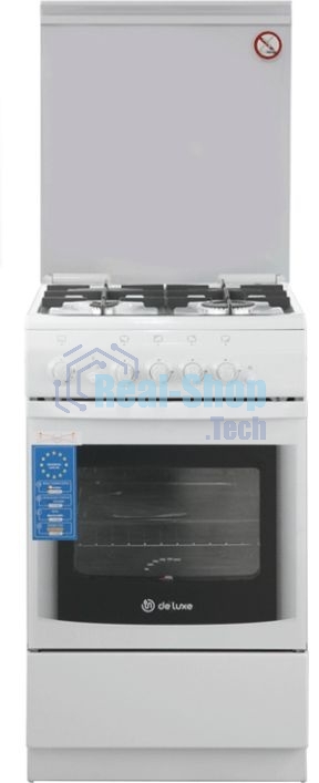 Плита Газовая De Luxe 506040.14г (кр) ЧР белый (стеклянная крышка) реш.чугун