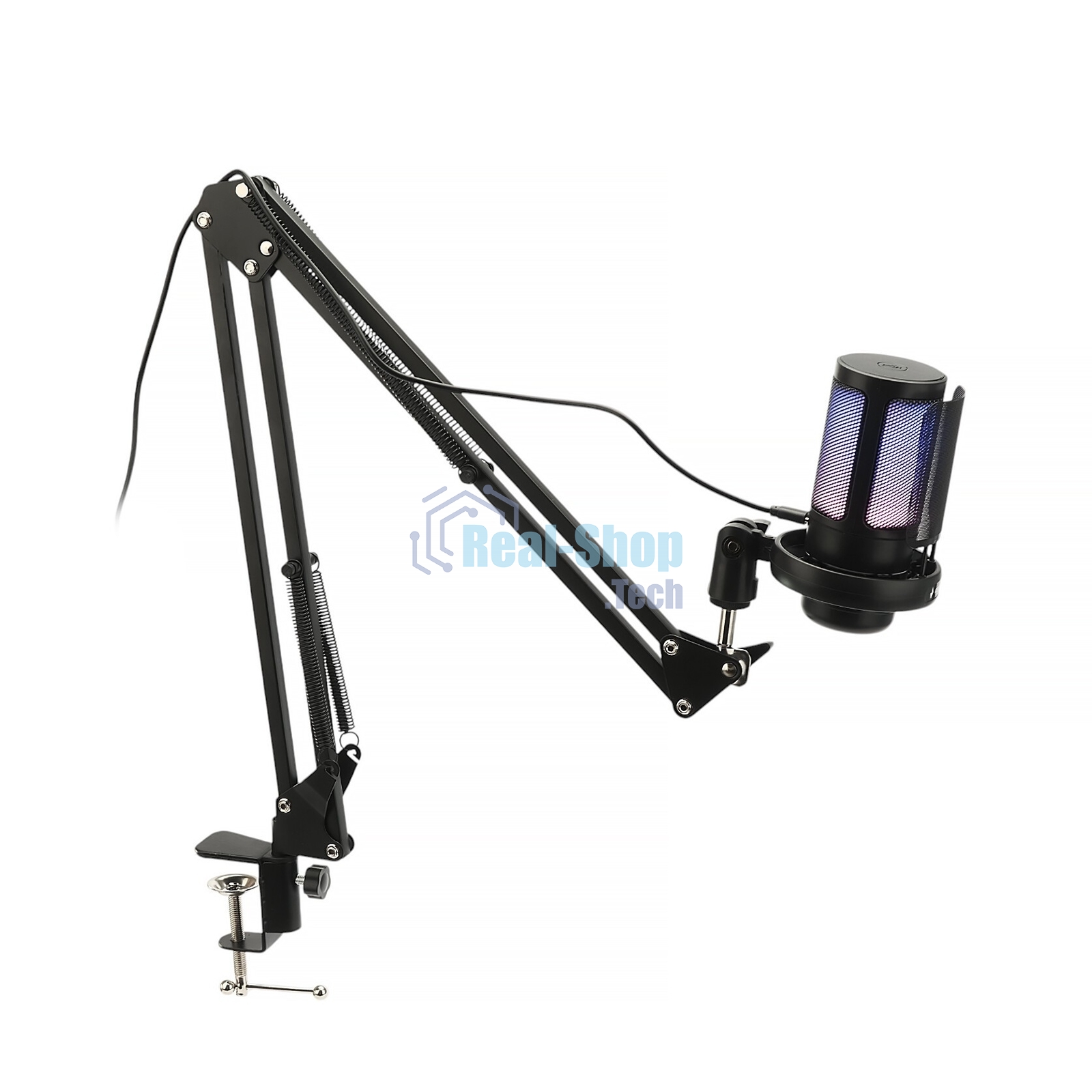 Микрофон конденсаторный Gembird M-02N, подсветка RGB, шумоподавление, микрофонная стойка (пантограф), черный