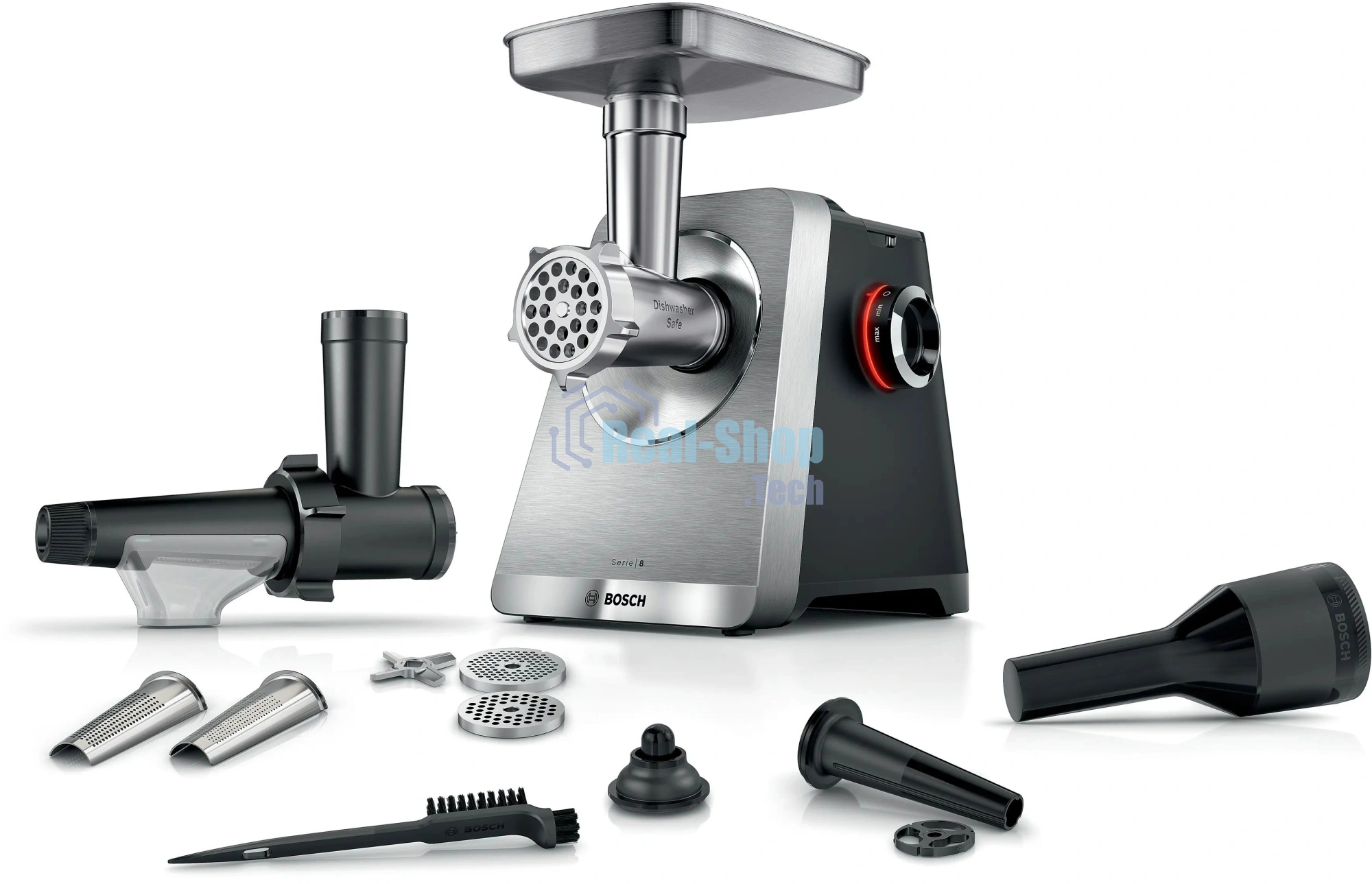 Мясорубка электрическая Bosch Series 8 MFWS835M черный, 2500 Вт, 4.5 кг/мин, реверс, защита от перегрузки, металлический лоток, насадки - 6