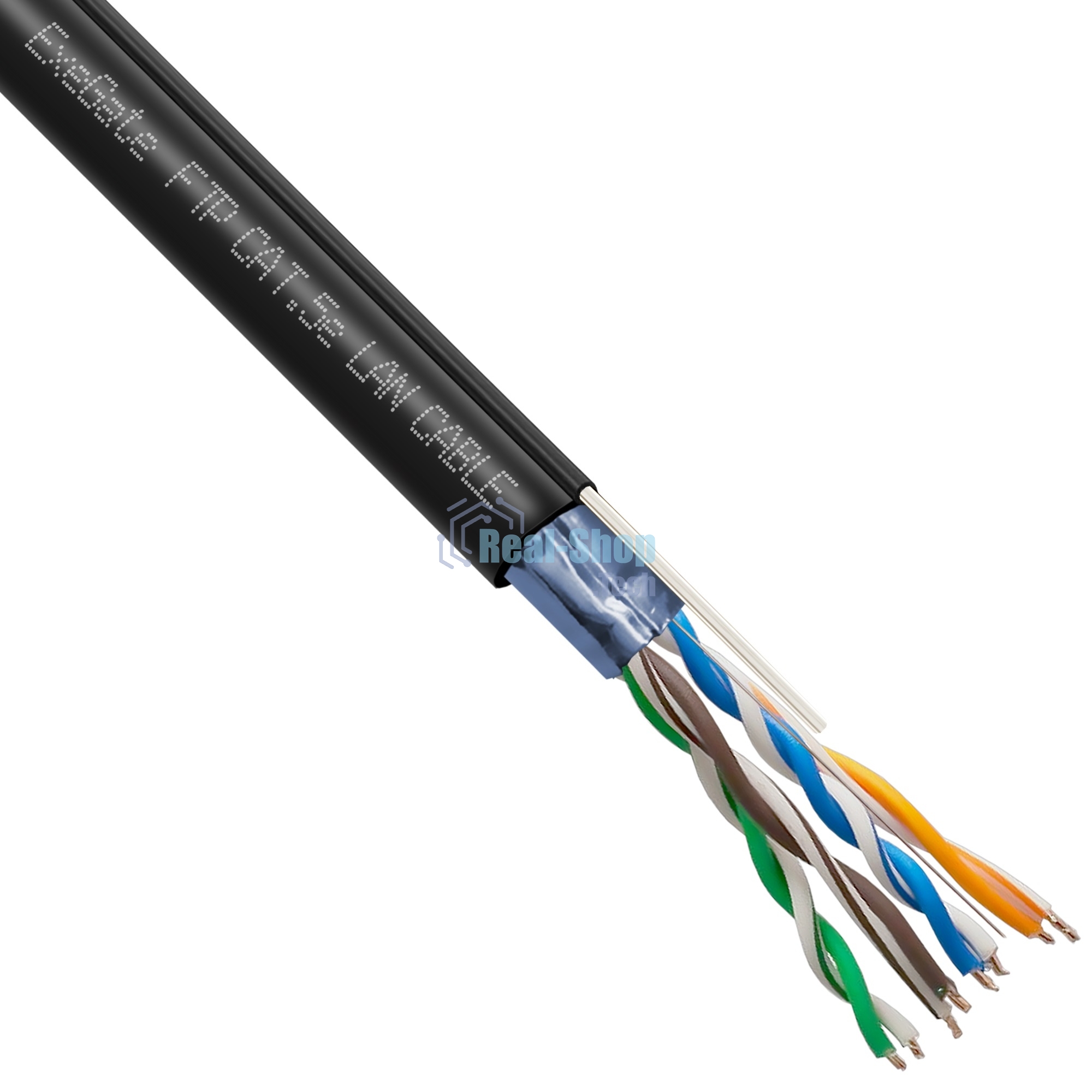 Кабель ExeGate FUTP4-C5e-CCA-S24-SW-OUT-PE-BK-305 FTP 4 пары кат.5e CCA, 0.52мм (24AWG), экран, внешн., с тросом, 305м, черн., PE