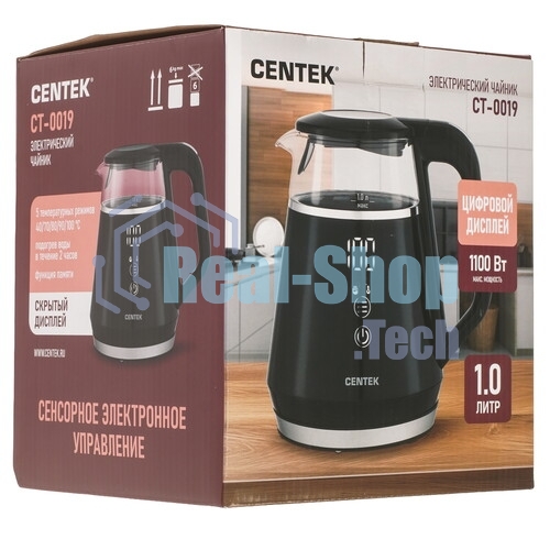 Чайник Centek CT-0019, 1100 Вт, стекло, черный и серебристый