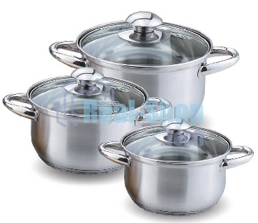 Набор посуды Kelli KL-4201 6 пред.(6 пред.: Кастрюля с жаропрочной стеклянной крышкой 2 л. Кастрюля с жаропрочной стеклянной крышкой 2.6 л. Кастрюля с жаропрочной стеклянной крышкой 3.6 л. Высококачественная нержавеющая сталь 18/10. 5-ти слойное капсульно